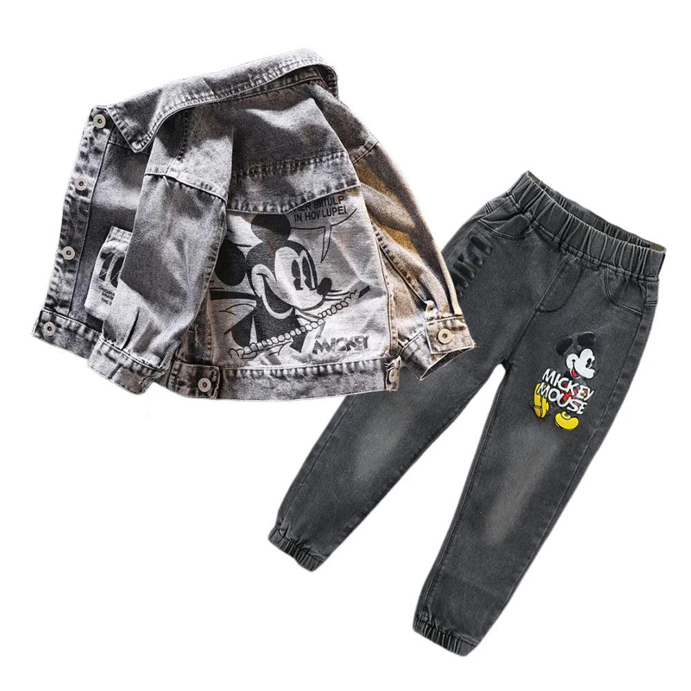 Kids’ Mickey Mouse Denim Jacket & Jeans 2-Piece Set – Casual Spring & Autumn Outfit