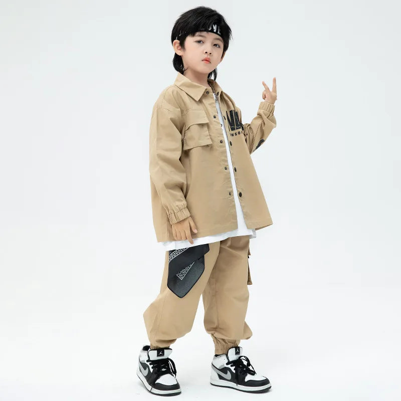 Kid Kpop Hip Hop Clothing Khaki Shirt Jacket Casual Streetwear Cargo Jogger Pants for Girl Boy Jazz Dance Costume Clothes Set