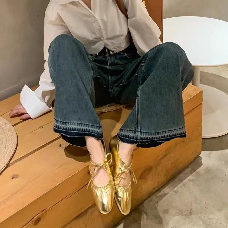 Flats & Ballet — Leather Metallic Ballet Flats, Silver Gold Bling Round-Toe Party Flats — view 4 of flats & ballet