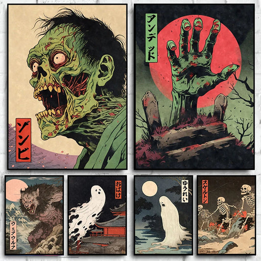 Home Decor Japanese Rising Skeletons Poster — Creepy Ghost Zombie Halloween Canvas Wall Art — view 1 of home decor