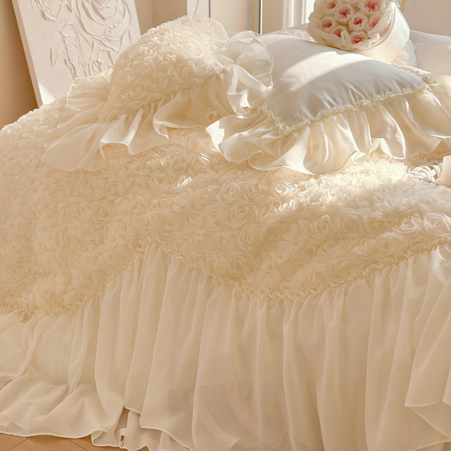 Princess Cotton Bedding Set, 3D Rose Duvet Cover Sets with Bed Skirts,Cream White Rose Design Bedding 4pcs, Skin-friendly Fabric