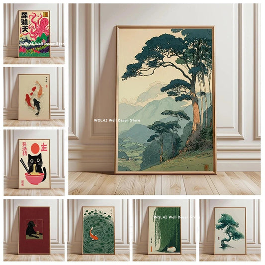 Japanese Forest &amp; Koi Fish Zen Canvas Poster &mdash; Retro Abstract Waves Wall Art for Home — view 1 of wall art & prints