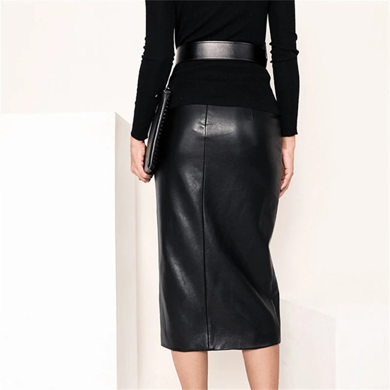 Black Real Sheepskin Skirt Elegant Office Ladies Sexy High Waist Split Bodycon Skirts Fashion Genuine Leather Over Knee Skirts