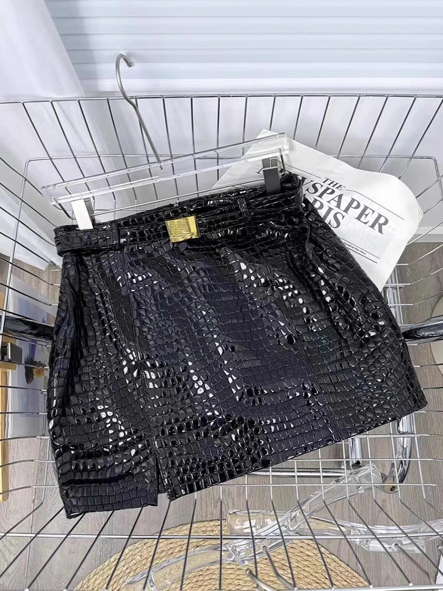 2024 New Crocodile Patterned Real Sheepskin Package Hip Skirt Fashion High Waist Women Front Split Mini Short Skirt Streetwear