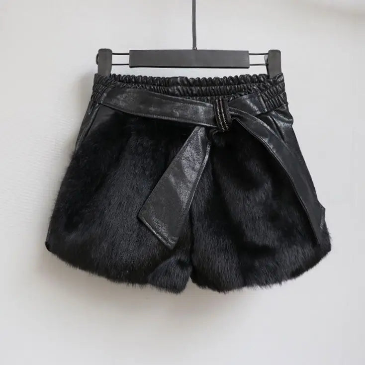 Fur Shorts Women's New Winter Style Korean Style Rivet High Waist Slim Slim Wide Leg Pants Rabbit Fur Leather Pants Boot Pants