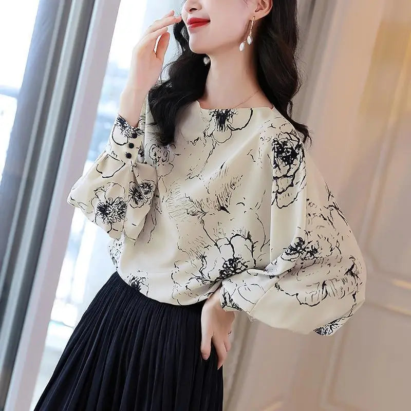 French Style Original Design Fashion Casual Printed Long Sleeved Shirt Autumn New Vintage Elegant Loose Round Neck Women's Top