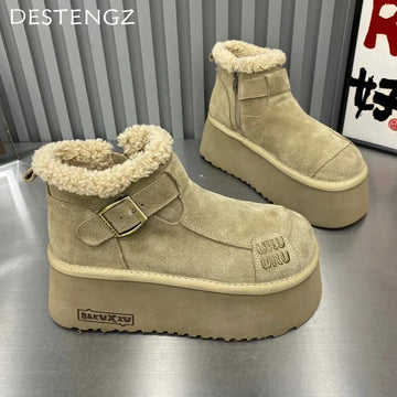 Fur Platform Ankle Boots for Women — Suede Flats with Warm Plush Lining — view 1 of boots