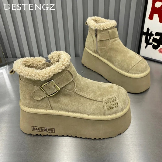 Fur Platform Ankle Boots for Women — Suede Flats with Warm Plush Lining — view 1 of boots
