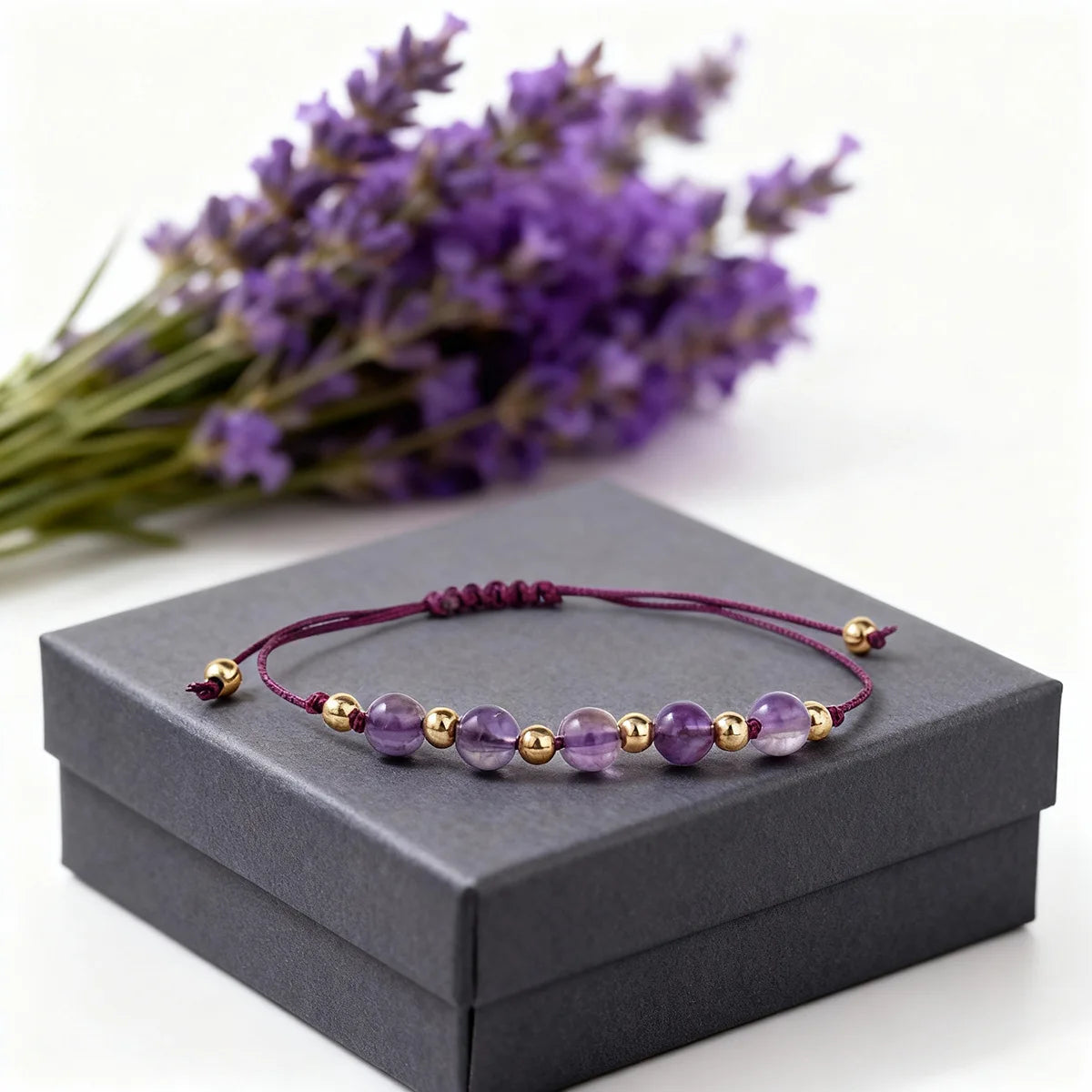 Crystal & Gemstone Amethyst Bracelet — Natural Woven Bead String Crystal Jewelry — view 2 of crystal & gemstone