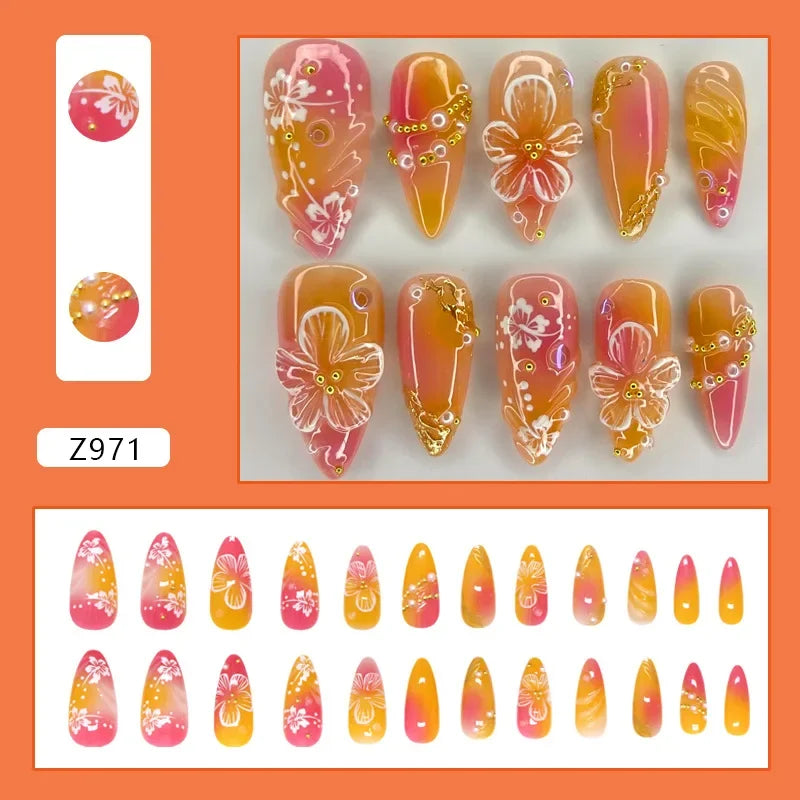 24PCS Random Press-On Nails – Full-Cover Almond Shape Instagram-Style False Nails