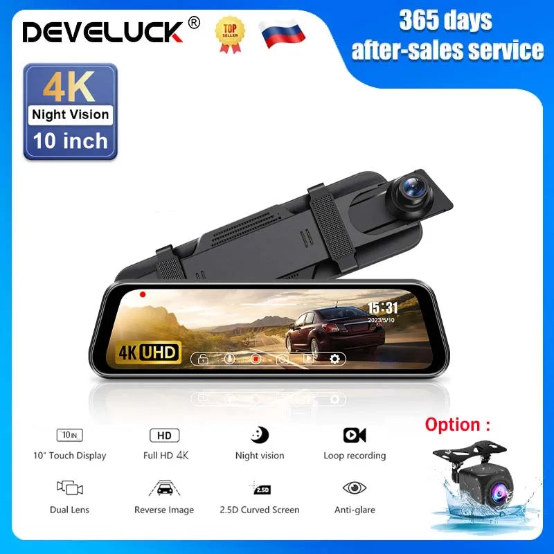 Car Camera Recorder For 10 Inch IPS Touch Screen Night Vision Front&Rear Dual Lens Rearview Mirror Dash Cam 4K Action Camera