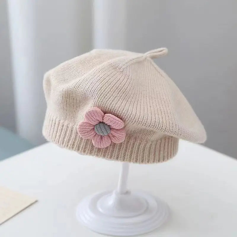 Flower Baby Beret Hat Winter Warm Knitted Beanie Cap for Infant Girls Korean Toddler Princess Artist Solid Color Painter Caps