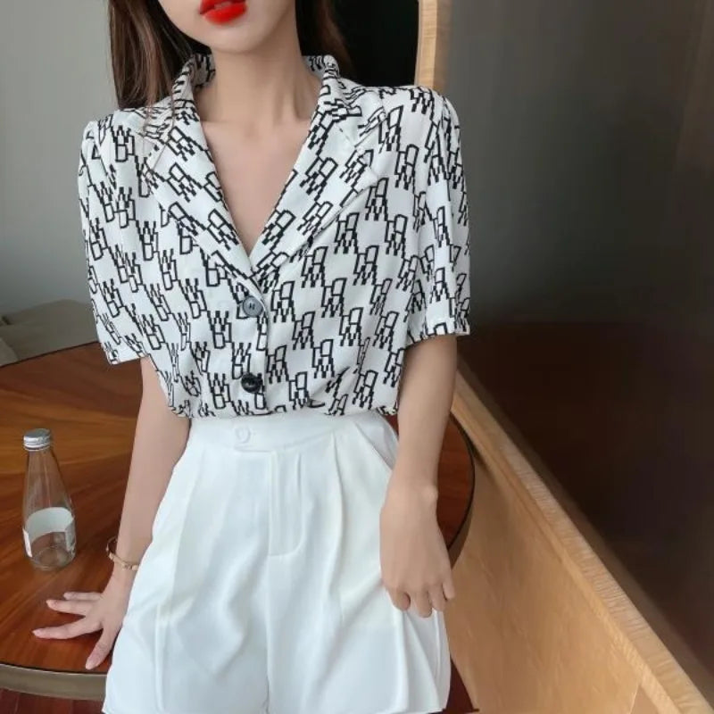 Korean Style Vintage Loose Chiffon Shirt – Notched Collar, Letter Print, Button-Up Short Sleeve