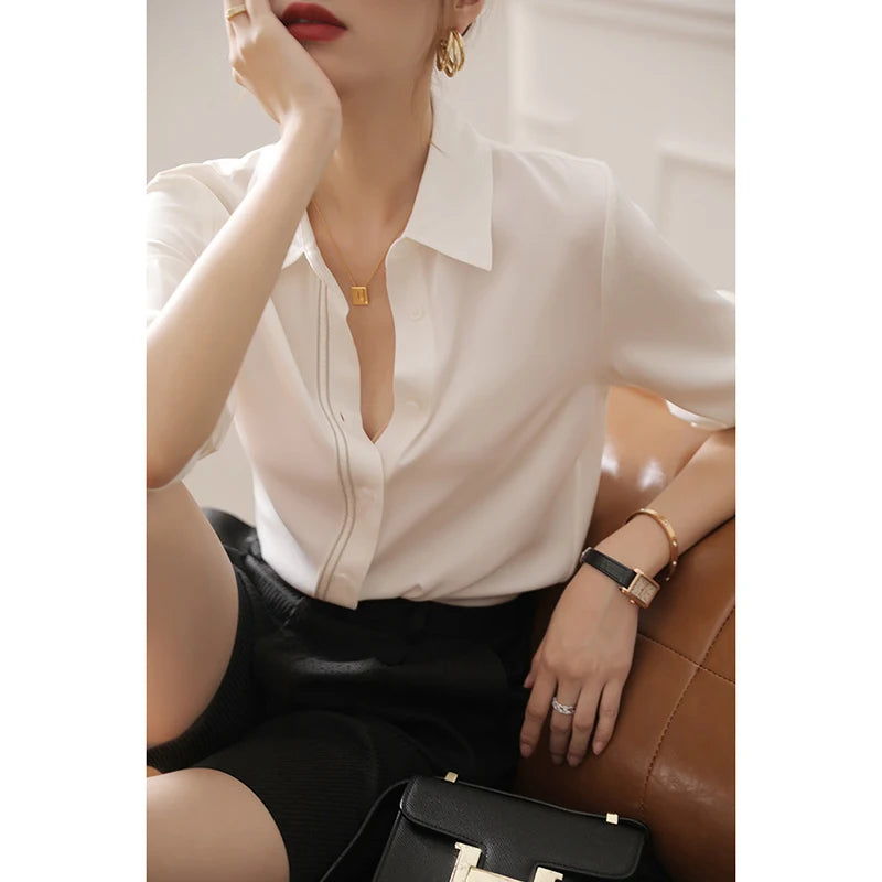 Women Korean Fashion Silk Long Sleeve Solid Color Office Lady Shirts Women Clothes Simplicity Appear Thin All-match Trend Tops