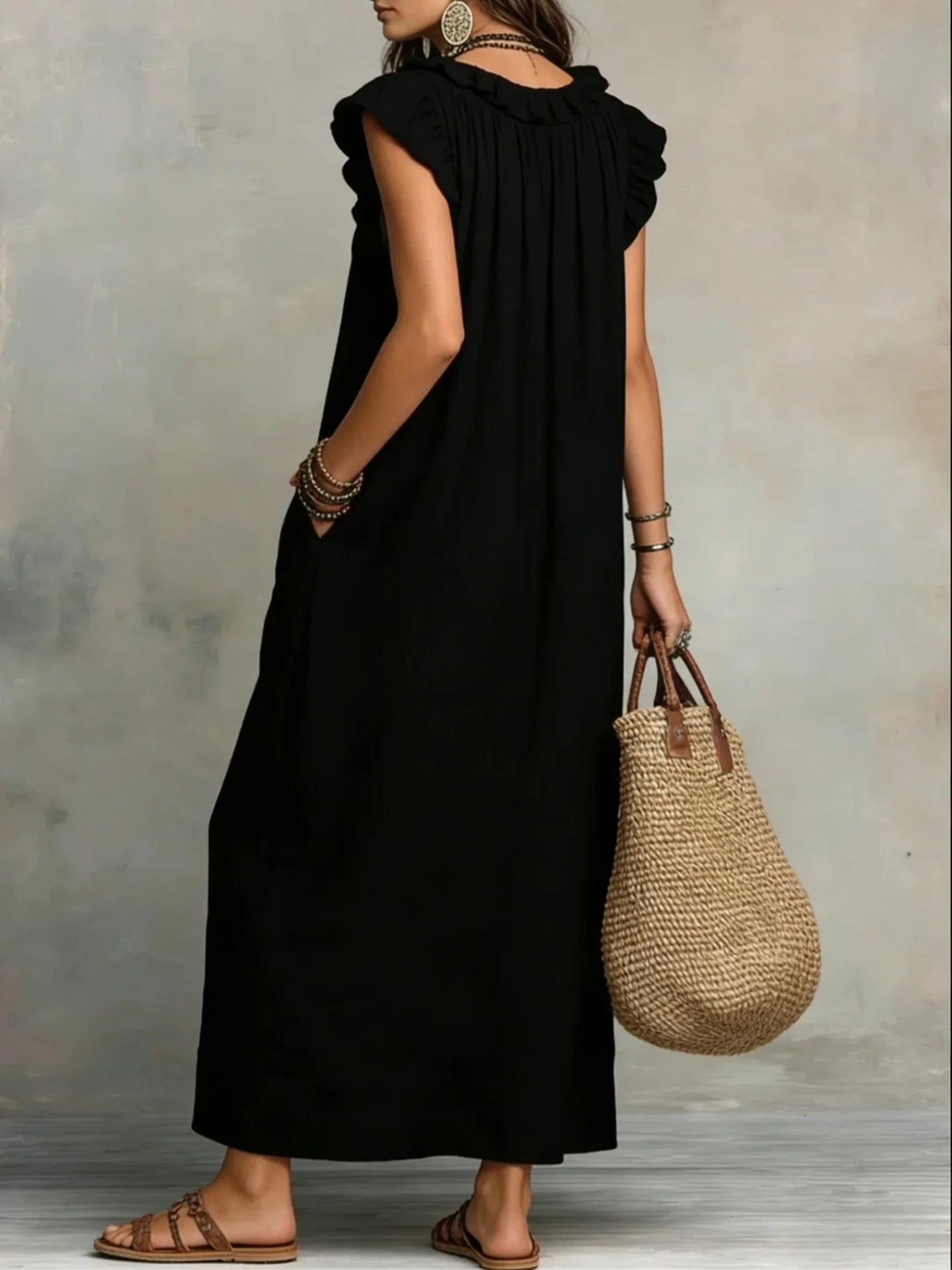 Women's Boho Linen-Blend Ruffle Maxi Dress, V-Neck & Pockets — view 3 of dresses