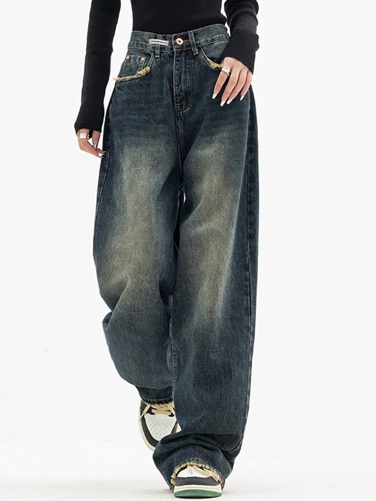 Y2K Women Vintage Streetwear Korean Baggy Blue Jeans