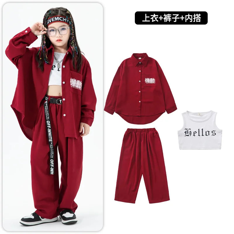 Kid Kpop Hip Hop Clothing Khaki Shirt Jacket Casual Streetwear Cargo Jogger Pants for Girl Boy Jazz Dance Costume Clothes Set