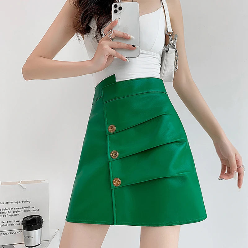 Genuine Leather Sexy Mini Skirt Women Spring Green/White Fashion High Waist Buttons Retro A-line Button Skirt