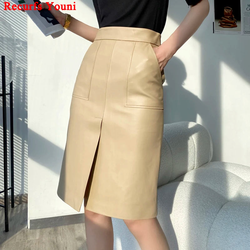 Lambskin Skirt for Women Commuting OL Simplified Vertical Cut 100% Leather Front Split Jupe Mujer Pockets Black Wrap Midi Skirt