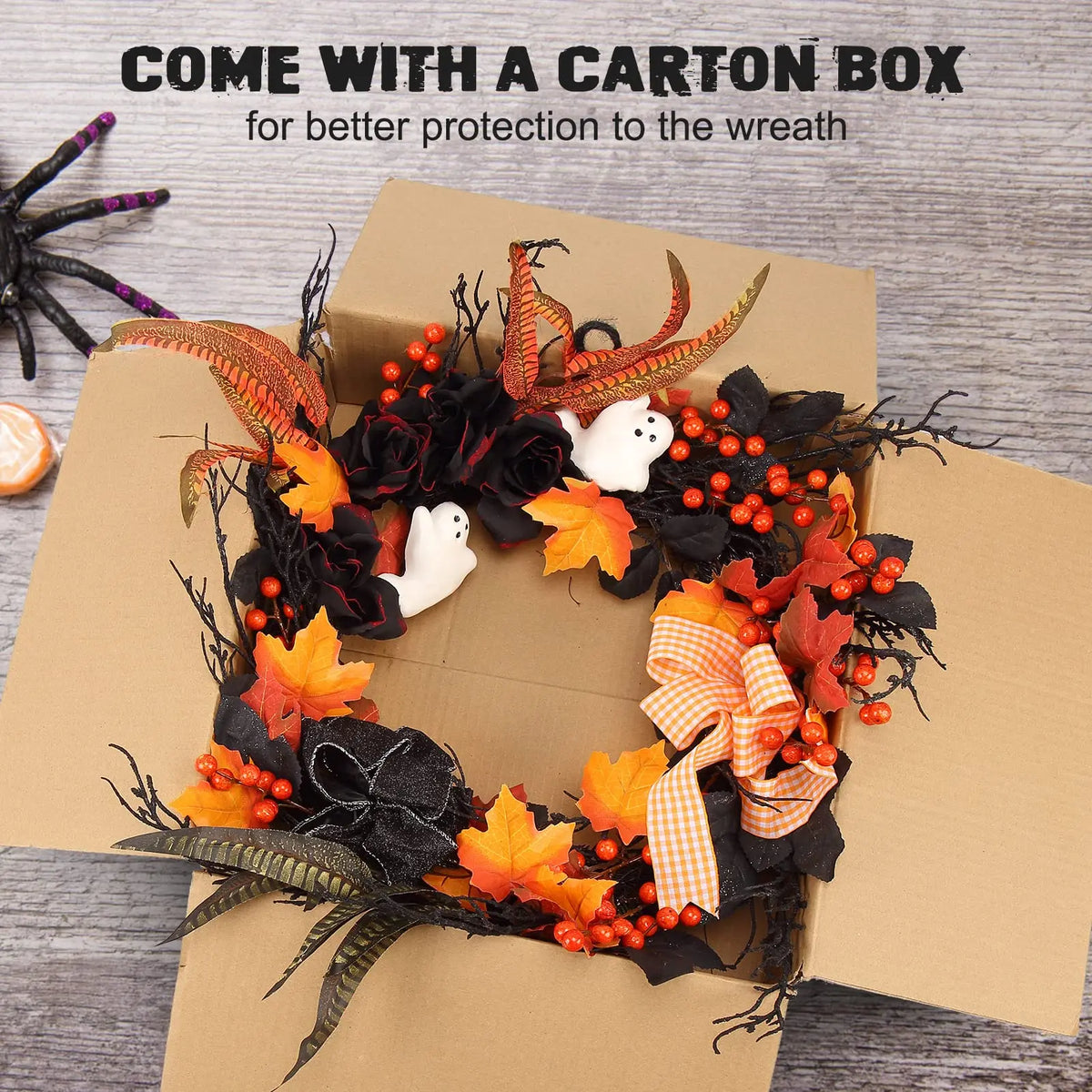 26-Inch Halloween Ghost Wreath for Front Door with Black Roses — product photo 5