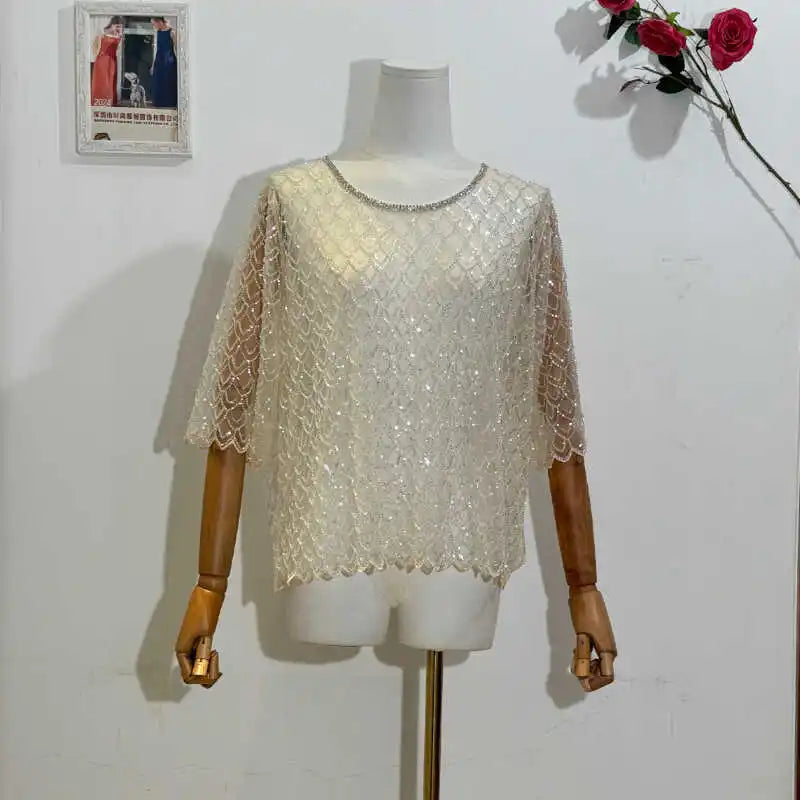 Fashionable Elegant Rhinestone Blouse Women 2024 Summer Sexy Tulle Half-Sleeved Loose Short Sleeve Sequin Bead Tops Female