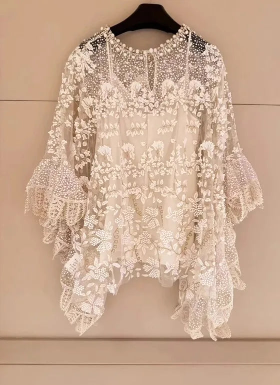 Luxury Embroidery Cloak Top O Neck Looose Asymmetrical Elegant White Blouse Handmade Beading Two-piece Sexy Sheer Mesh Shirt