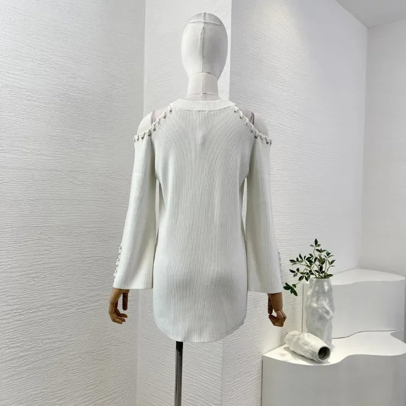 Black Cut Out Knit Elegant High Quality New Design 2024 Autumn Winter Long Flare Sleeve White Women All-matching Blouse Tops