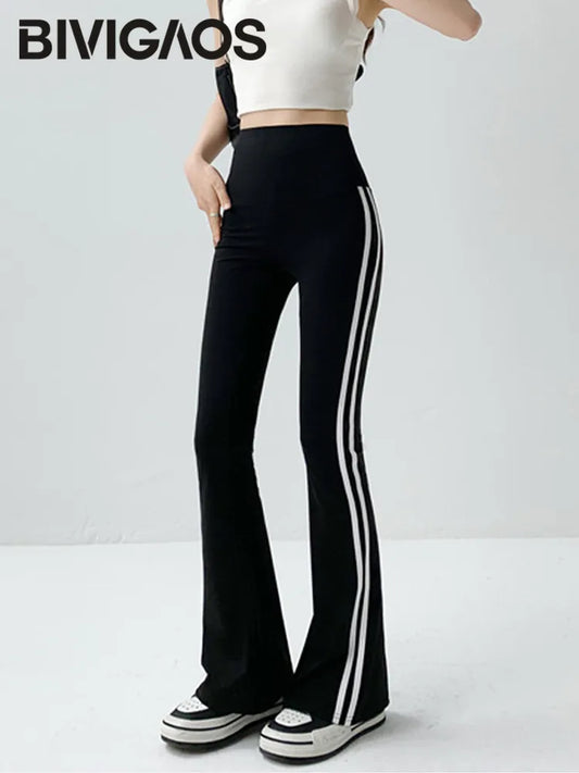 BIVIGAOS Striped Black Micro Flared Shark Pants Women High Waist Slim Sport Pocket Flared