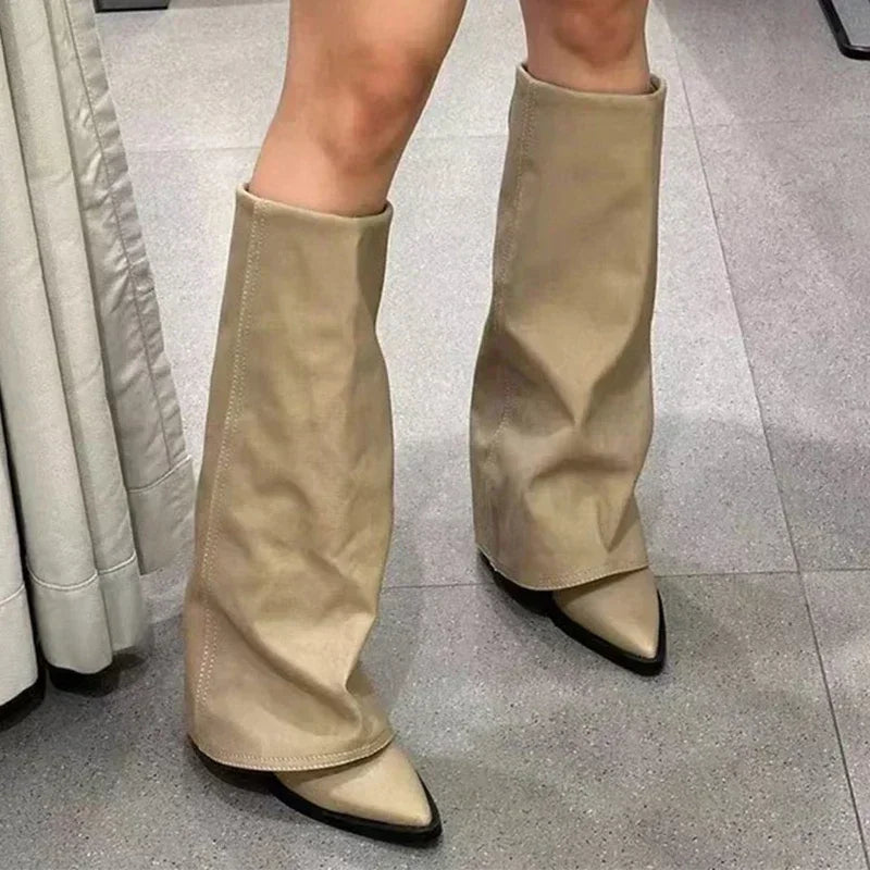 Knee-High Heeled Boots — Leather-Look Chunky Pointed-Toe Long Boots — view 3 of boots