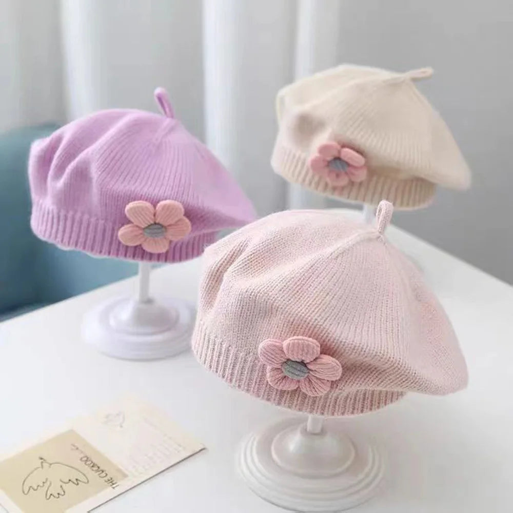 Flower Baby Beret Hat Winter Warm Knitted Beanie Cap for Infant Girls Korean Toddler Princess Artist Solid Color Painter Caps