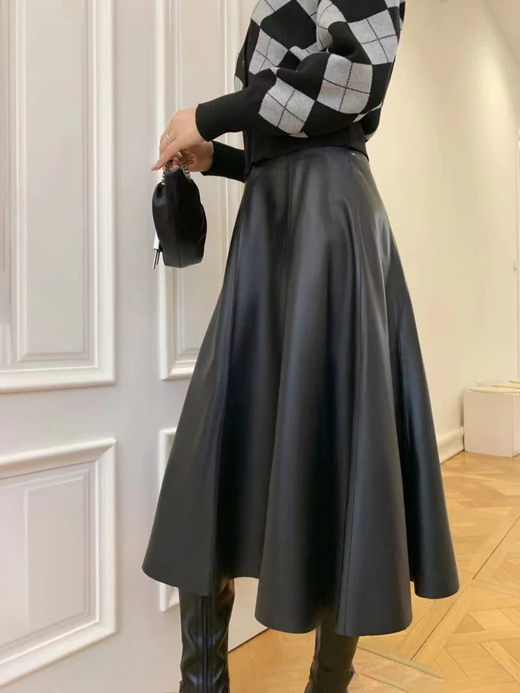 Genuine Leather Skirts For Women 2023 Europe Street Top Layer Sheepskin Pleated Faldas Mujer Long Umbrella Super Large Hem Jupe