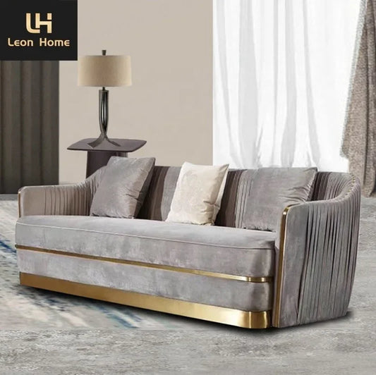 Luxury Italian Velvet Sofa Set – High-End 3-Seater with Gold Accents