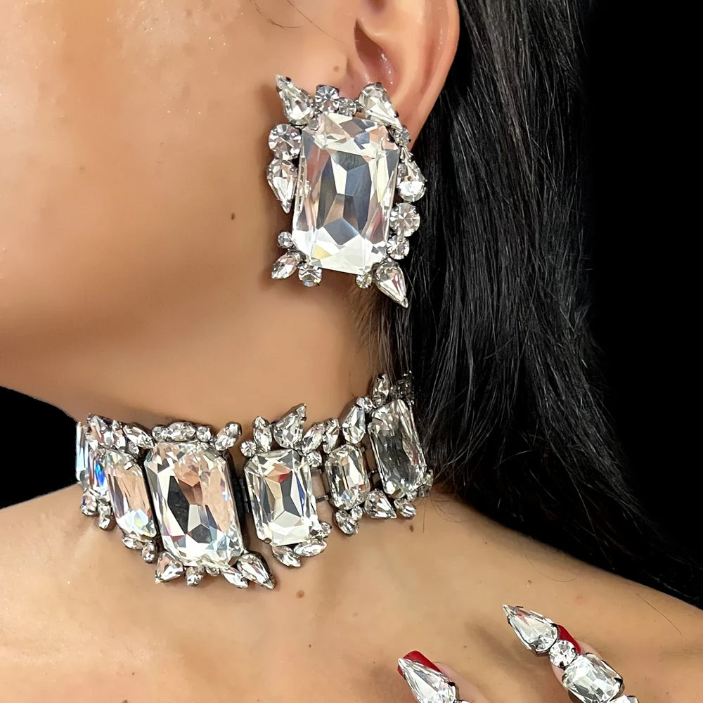 Bridal Crystal Necklace & Earrings Set Wedding Bridesmaid Jewelry Sparkling Rhinestone Statement Set — view 3 of jewelry sets