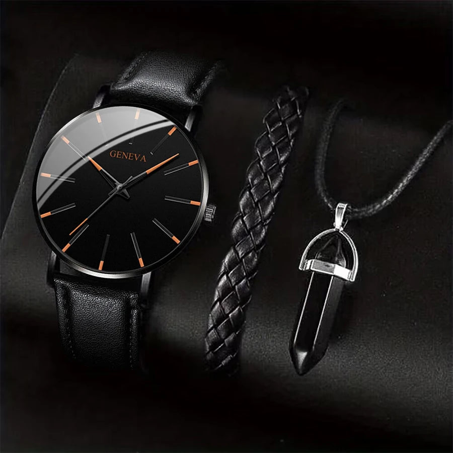 Men's 3pc Business Watch Gift Set — Leather Quartz Wristwatch, Necklace & Bracelet — view 5 of watches