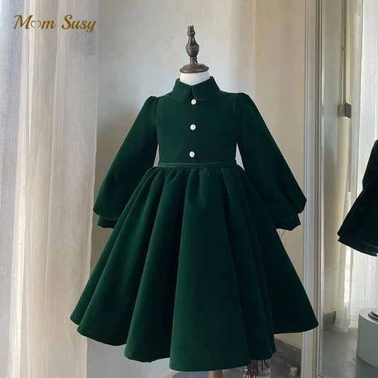 Fashion Baby Girl Princess Dress Long Sleeve Child Vintage Vestido Red Green Party Birthday Christmas Baby Clothes 1-12Y