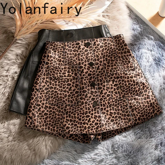 Genuine Leather Shorts Women 2024 Real Sheepskin Short Pants for Women High Waist Shorts Women Leopard Print Flare Short Femmes