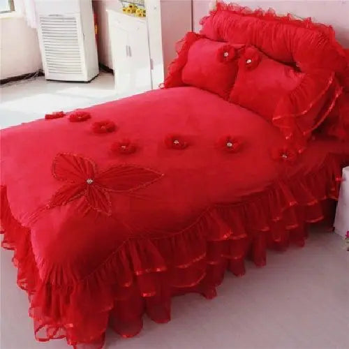 Winter Coral Fleece 4pcs Set Lace Princess Wind Pastoral Padded Plush Bed Skirt Double-sided Fleece Quilt Cover Bedding Sets