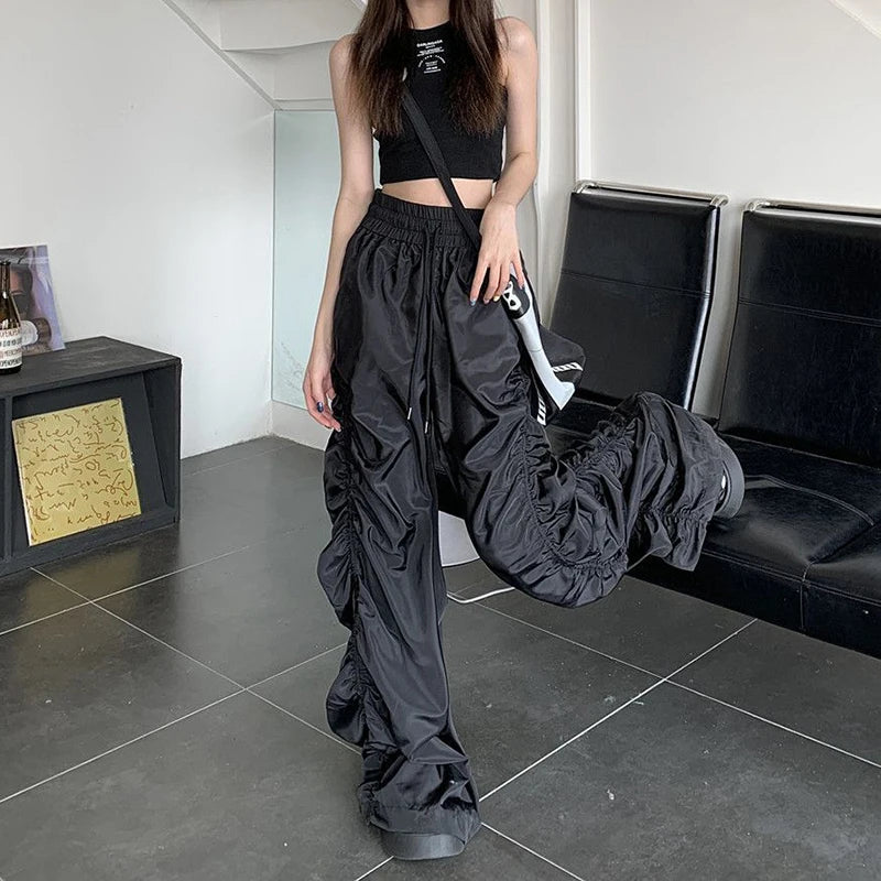 Y2K Black Parachute Pants Women Hippie Oversized Wide Leg Cargo Trousers