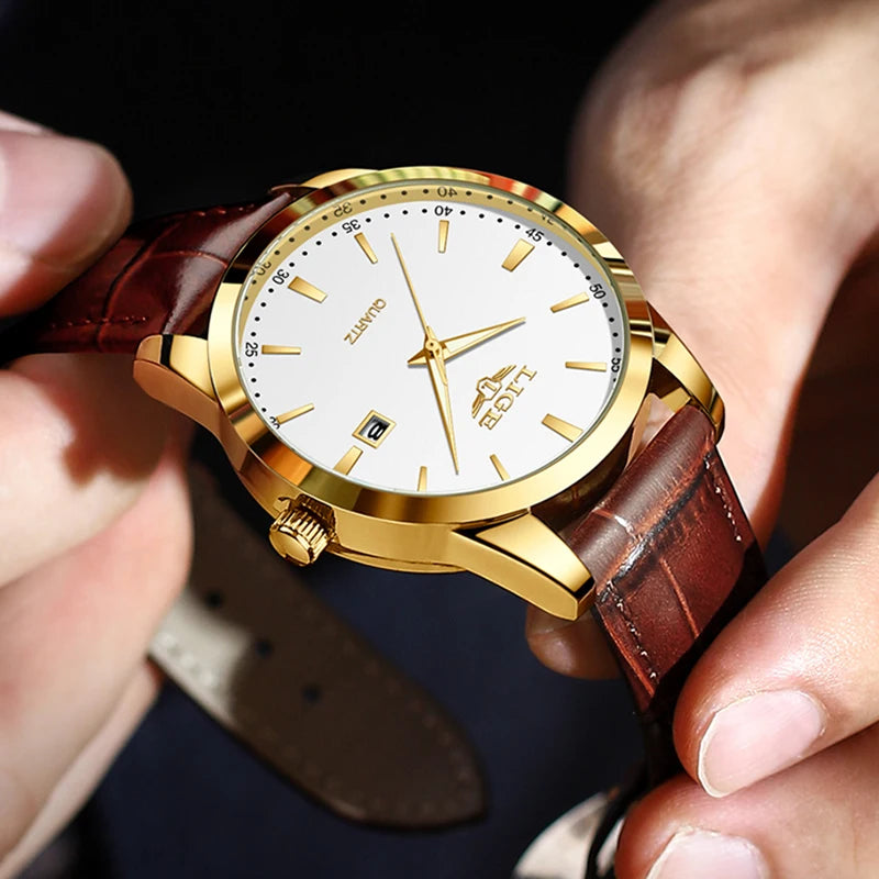 LIGE Men's Brown Leather Watch — Military Sport Quartz Chronograph Wristwatch — view 1 of watches