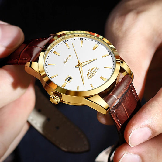 LIGE Men's Brown Leather Watch — Military Sport Quartz Chronograph Wristwatch — view 1 of watches