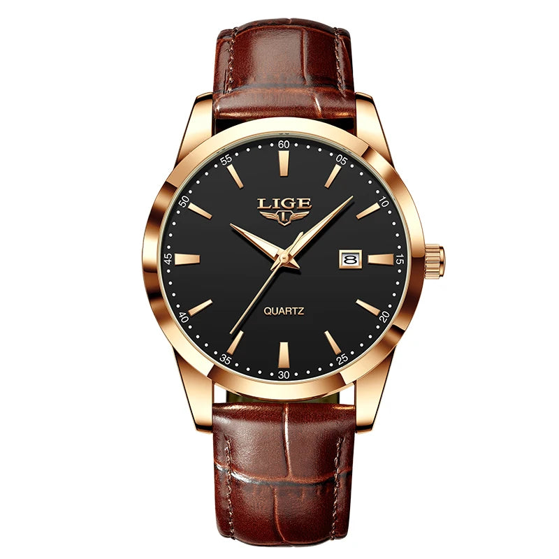 LIGE Men's Brown Leather Watch — Military Sport Quartz Chronograph Wristwatch — view 8 of watches
