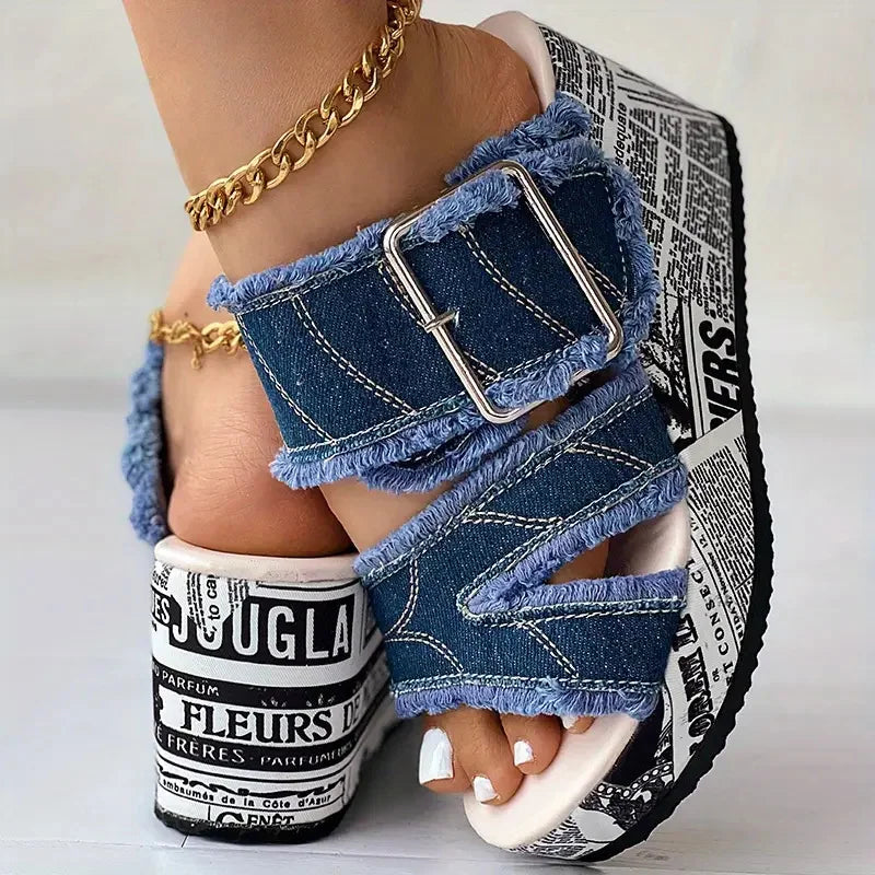 Sandals & Slides — Buckled Denim Platform Wedge Sandals, Y2K Vacation Slides — view 5 of sandals & slides