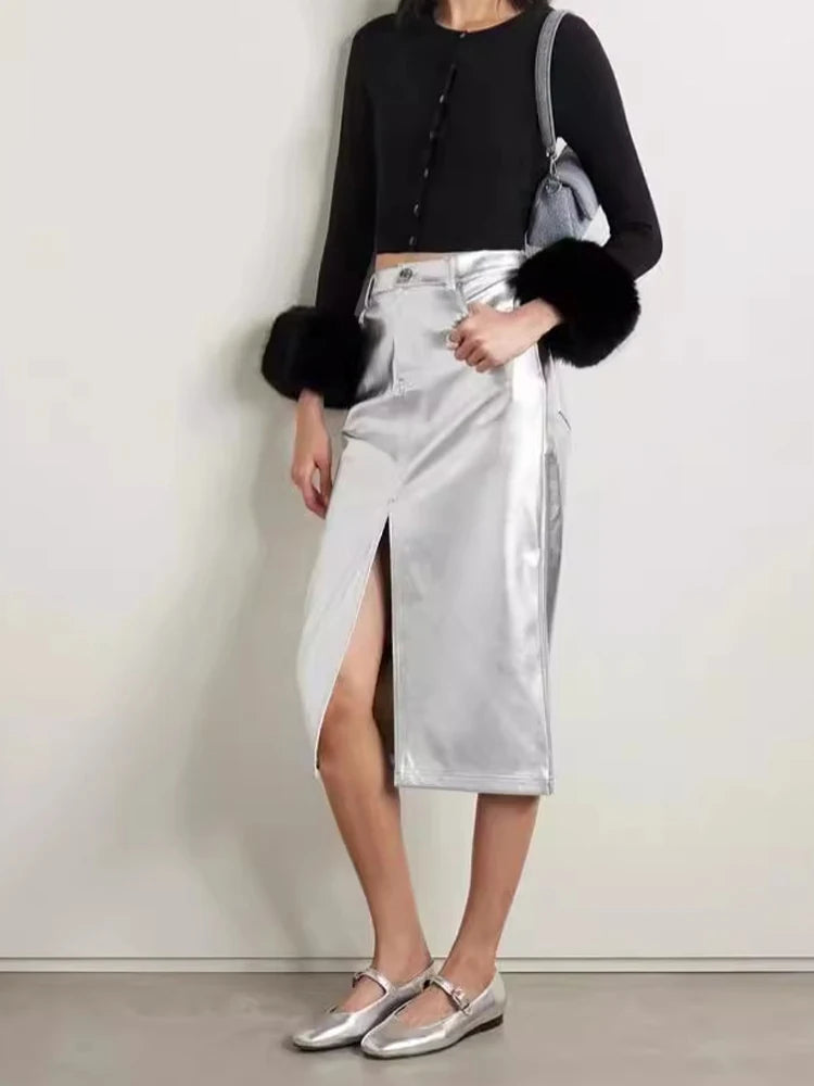 Saia de Couro Feminina Top Quality Women Gnuine Leather Silver Skirt Female Metallic Slim Fit Casual Wrap Jupe Front Split Jupe