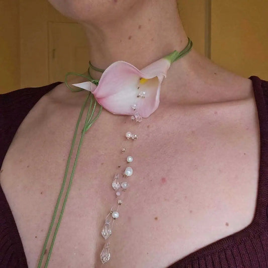 Pearl Tassel Calla Lily Necklace — Handmade Crystal Drop Pendant for Women — view 1 of necklaces