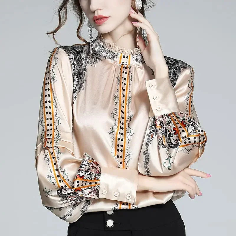 2024 New Shirt Women Spring and Autumn Design Sense French Vintage Shirt Satin Printed Top Trend Fashion Luxury