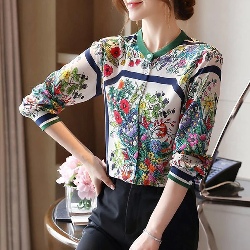 Women's Vintage Floral Print Stand Collar Button Shirt Spring Autumn Fashion Elegant Chiffon Blouse Long Sleeve Slim Tops Blusas