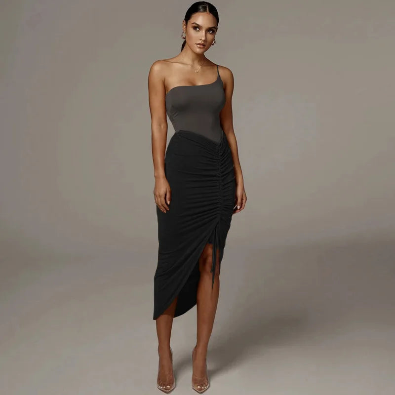 Women New Asymmetrical Shirring Skirt High Waist Pleated Fashion Pencil Skirt Summer Solid Wrap Hip Bold Slim Irregular Skirts
