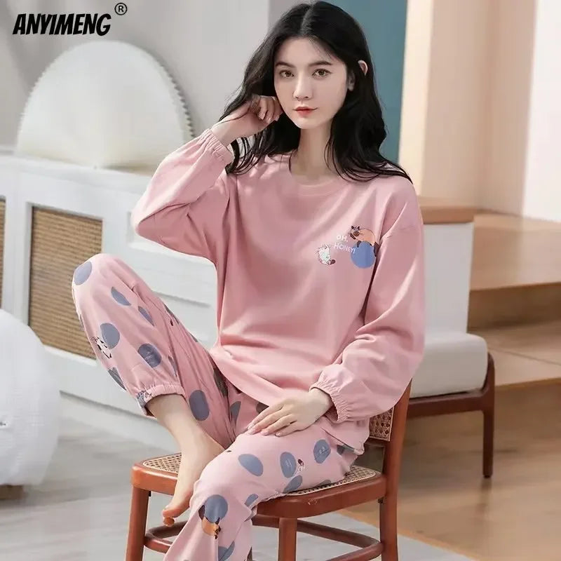 M-5XL Big Size Autumn Spring Pajamas Set for Women Kawaii Printing Sleepwear for Girl Fashion