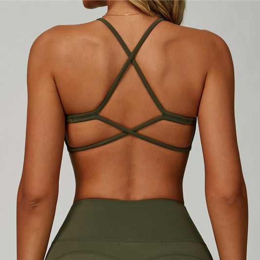 Cross-Shoulder Strap Sports Bra — Anti-Sweat Shockproof Push-Up Yoga Gym Crop Top — view 1 of sports bras