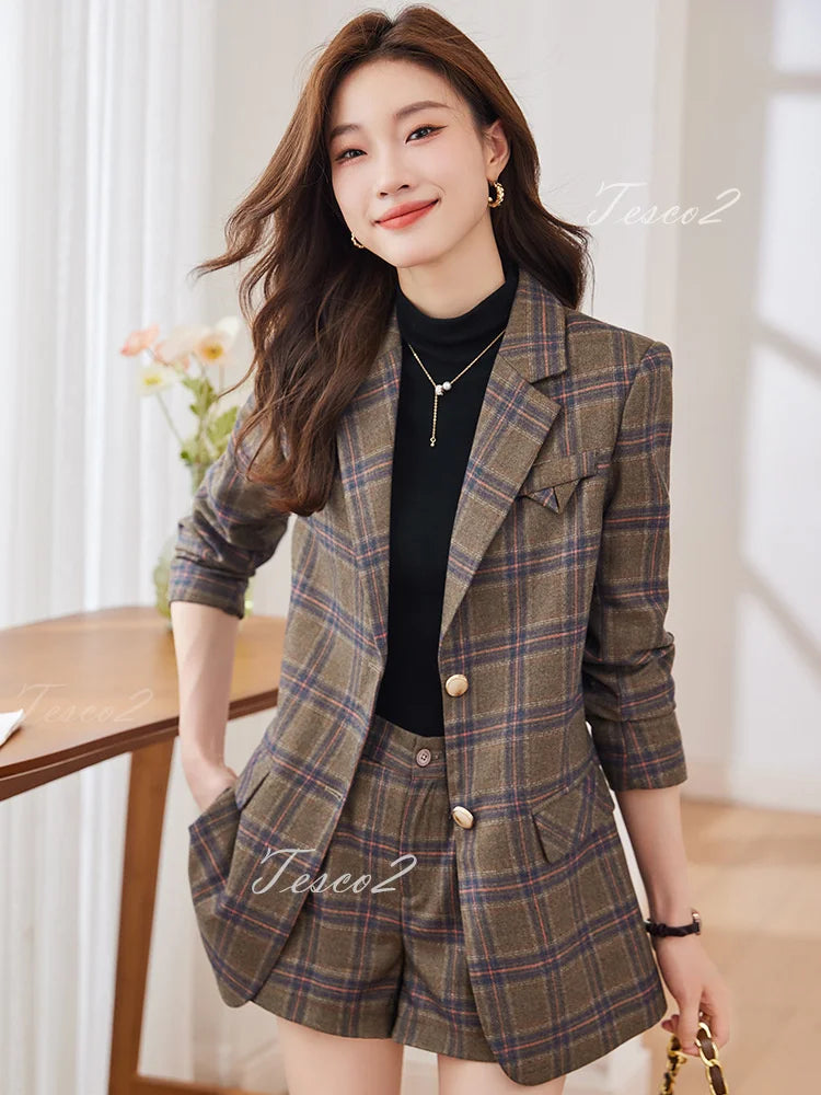 Tesco Fashion Plaid Women's Suit Blazer Spring Short Pants 2 Piece Casual Outfits For Prom Party England Style Pantsuit